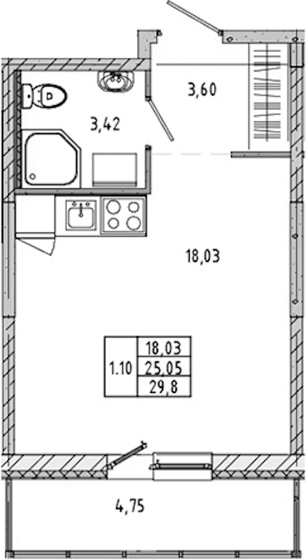 Квартира студия 24.87 м², 4/17 эт., ЖК «Новые горизонты 2»